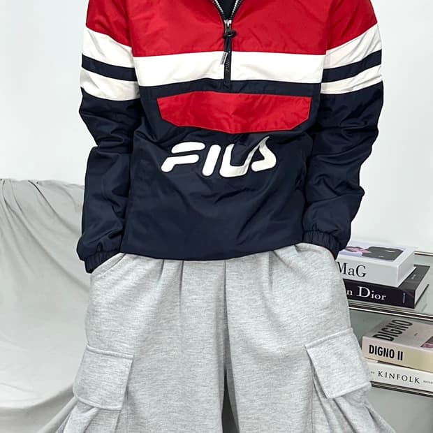 휠라 쿼터 네이비 레드 빅로고 아노락 S