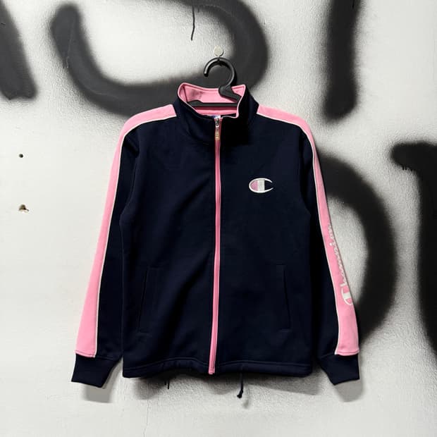 챔피온 00s USA 올드스쿨 핑크 네이비 배색 빅 프린팅 집업 져지