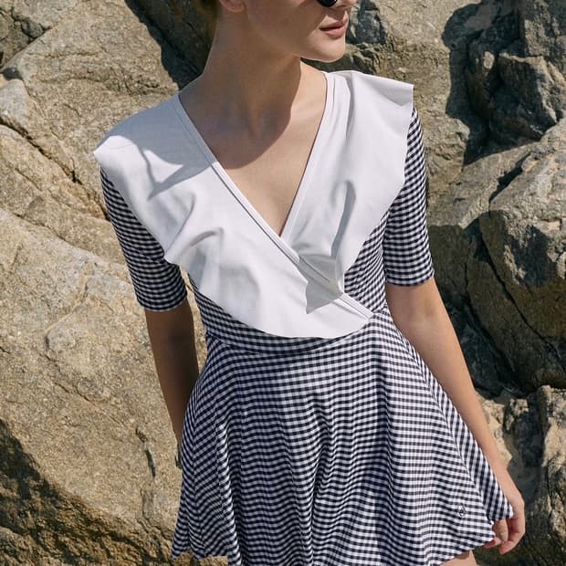 라메레이 Gingham Check Ruffle Wrap SwimSuit