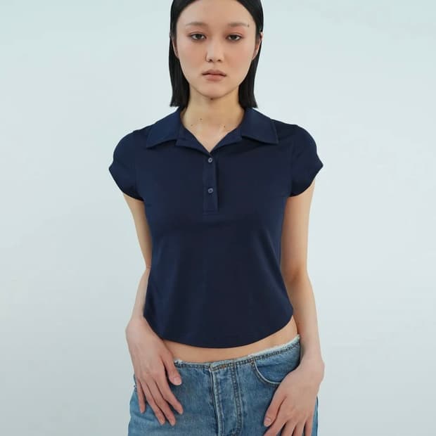 큐리티 슬림 스판 카라 티셔츠 네이비