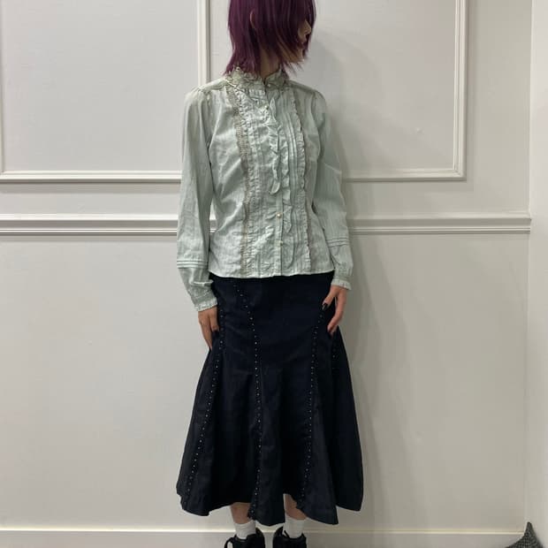 [Axes Femme]Frill&Pearl button Mint Shir