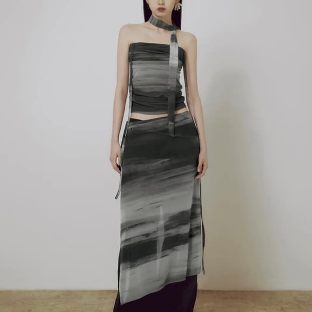 [SET] 플레어업 스카프 탑 & 랩스커트