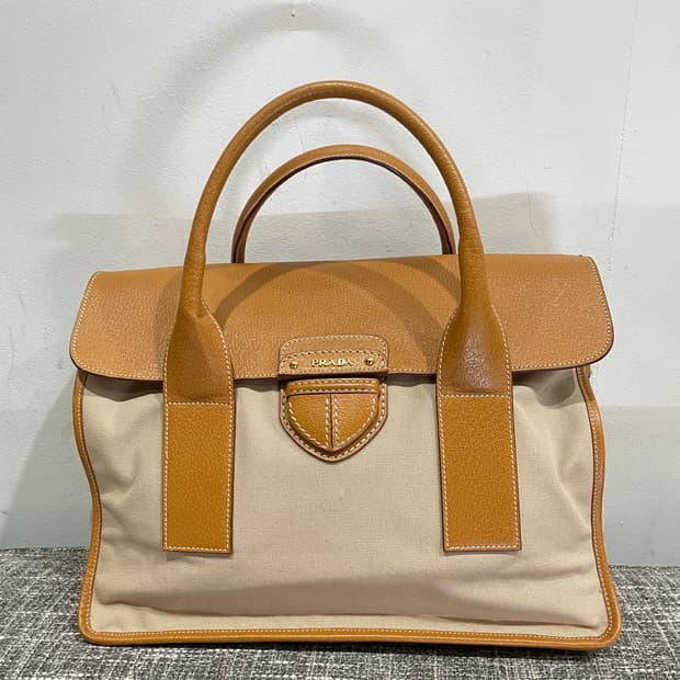 프라다 가죽 캔버스 토트백 베이지/브라운 정품