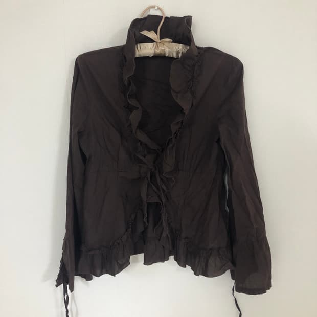 7부 주름 브라운 코튼 볼레로 블라우스 재킷