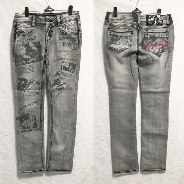 빈티지 펑크 나나깔 글리터 프린팅 로우라이즈 데님 팬츠