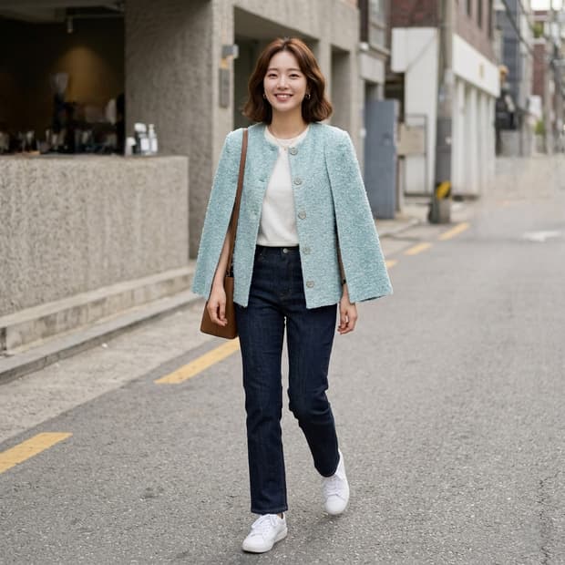 딘트(DINT) 민트 골드버튼 트위드 케이프 자켓