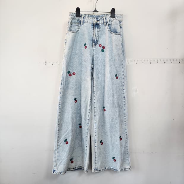SHEIN 체리 자수 워싱 데님 와이드 팬츠