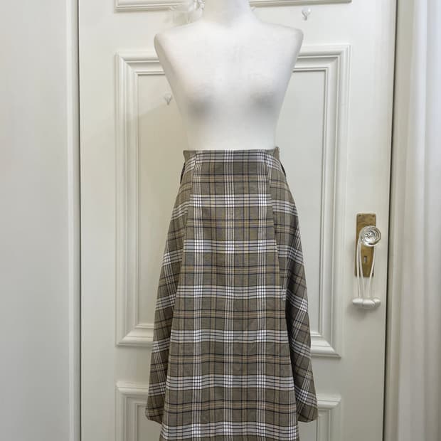 beige brown check pleats banding skirt