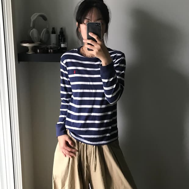 폴로 랄프로렌 포니 로고 네이비 스트라이프 긴팔 슬리브티