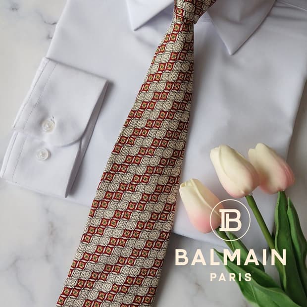 아쿠아스큐텀 실크 베이지&레드 넥타이 9.7cm A+등급 A19156
