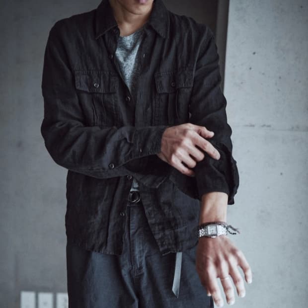 [1] Textured Linen Work Shirts -Black