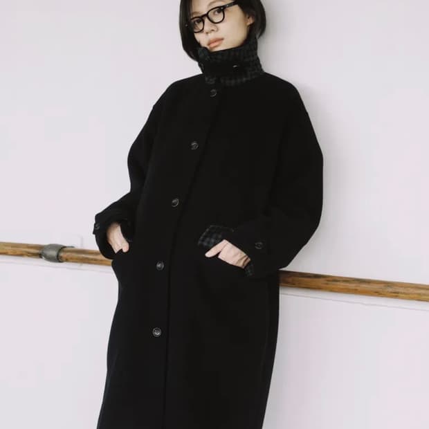 오헤시오 체크 울 롱코트 블랙