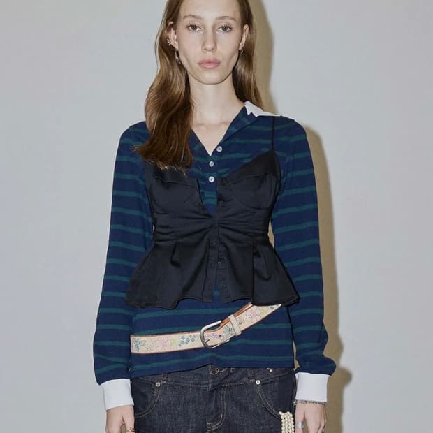 Shirring Tennis Shirt Navy/Green Stripe