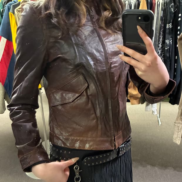 40)Japanese vintage 여성 갈색 가죽 자켓