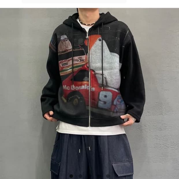 (남녀공용) 루즈핏 프린트 기모 후드집업