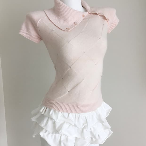 연핑크 큐빅 아가일 앙고라 니트탑 히메갸루 러블리 달천깔