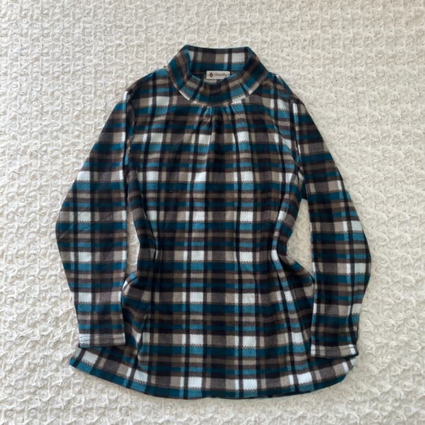 빈티지 블루그린 체크 패턴 폴라 플리스 