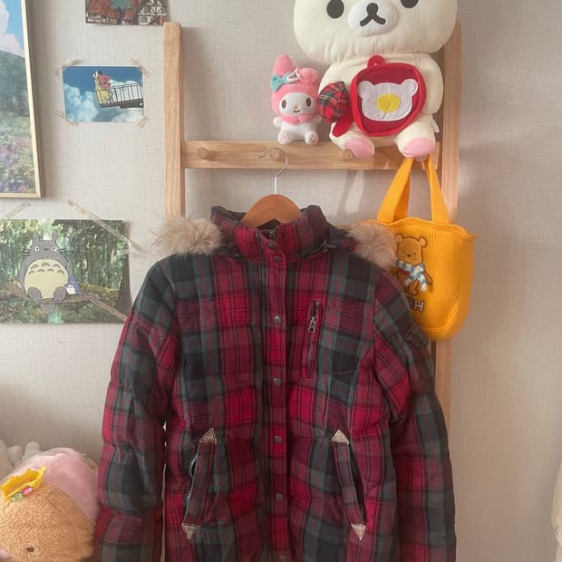 모리걸 빈티지 체크 숏 후디 패딩 