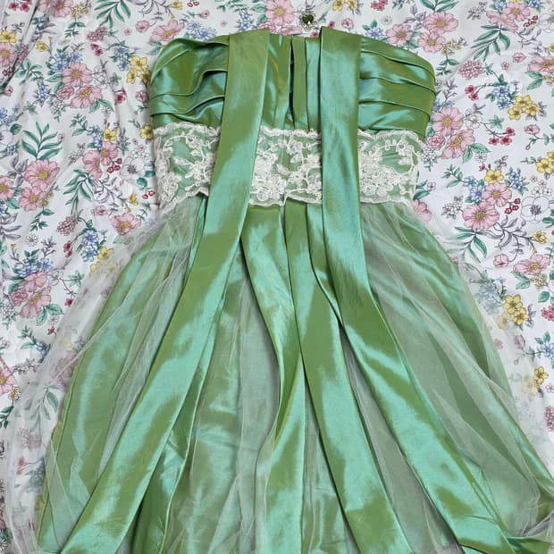 일본빈티지)그린 핀터깔 페어리계 레이스망사 벌룬드레스 댄스파티연주회