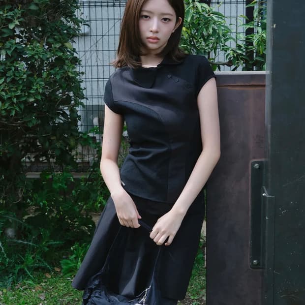 Diagonal placket layered shirt BLACK