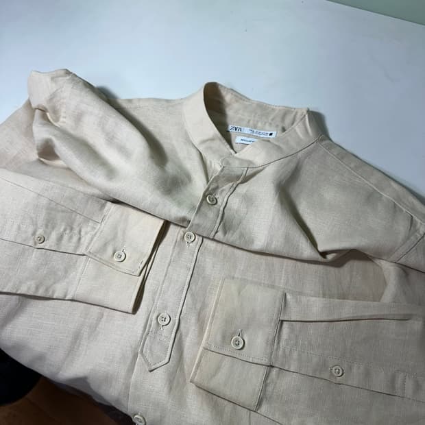 M 95 자라 맨 라이트베이지 논카라 린넨셔츠