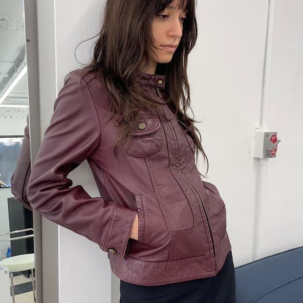  Wine short leather jacket