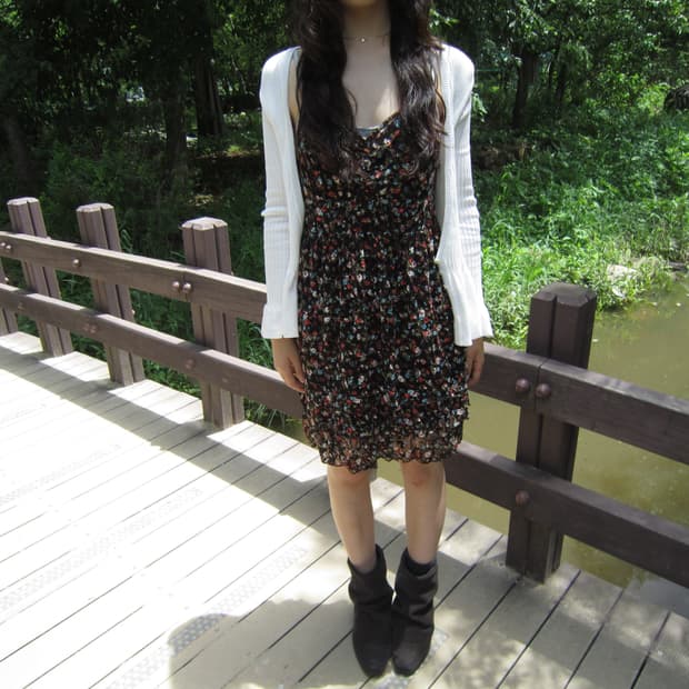 빈티지 슬리브리스 미디 원피스 플라워 패턴 디테일 k84