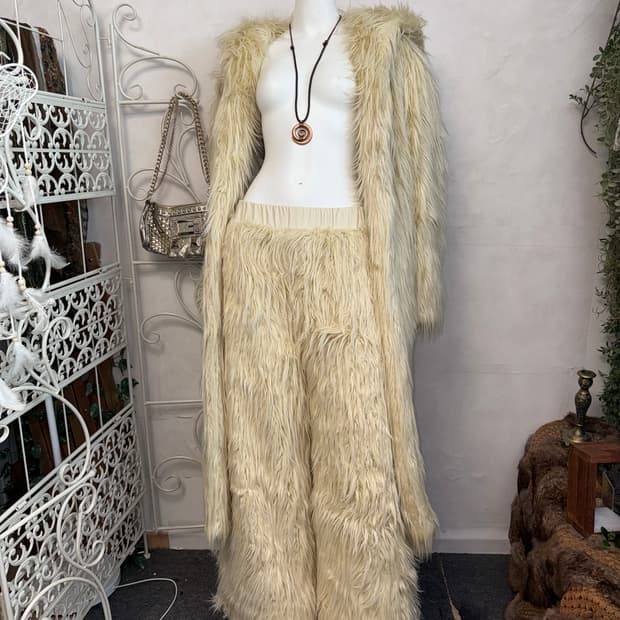 Ivory grunge fur over hood coat