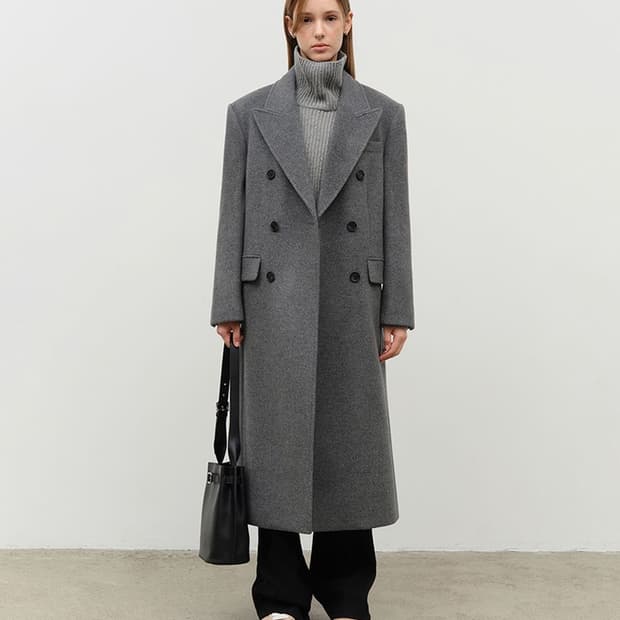 던스트 유니섹스 테일러드 더블 브레스티드 울 코트 멜란지그레이 xs