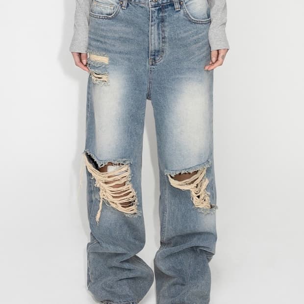 WASHING DESTROYED DENIM PANTS BLUE