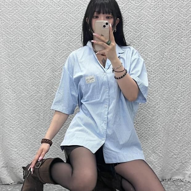 마뗑킴 빈티지 캐주얼 스트라이프 오버핏 파자마 셔츠 L C12196