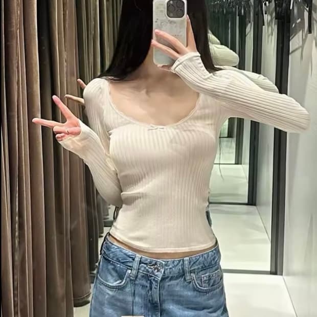 ZARA 자라 레이스 리본 심리스 티셔츠, 자라 레이스 티 셔츠 아이보리