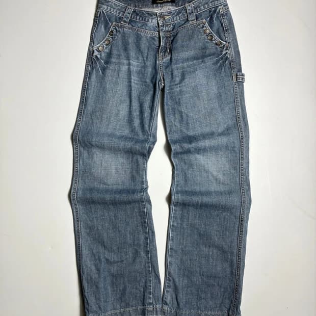카멜 로드 단추 디테일 빈티지 워싱 데님 팬츠 R2965