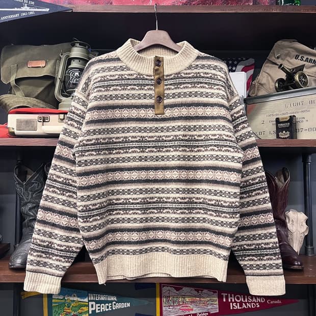 90s JPN 네이티브 패턴 버튼 풀오버 반집업 울 니트 아즈텍 N425