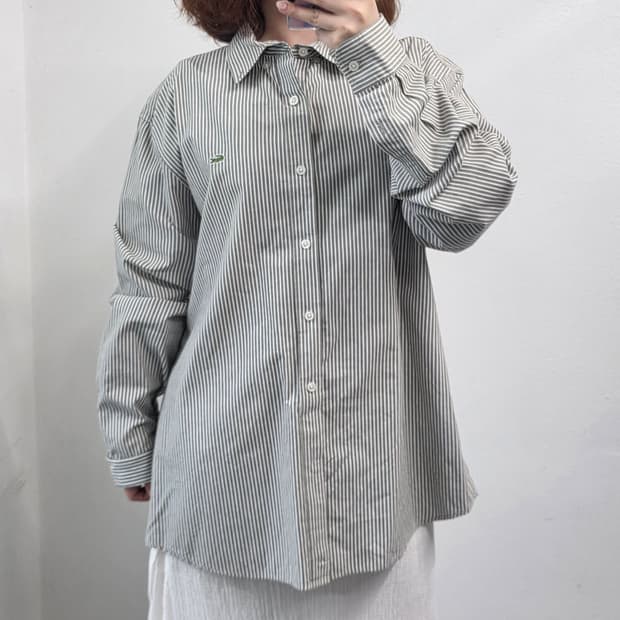 [프립]XL/라코스테 스트라이프 셔츠 카키그레이 화이트