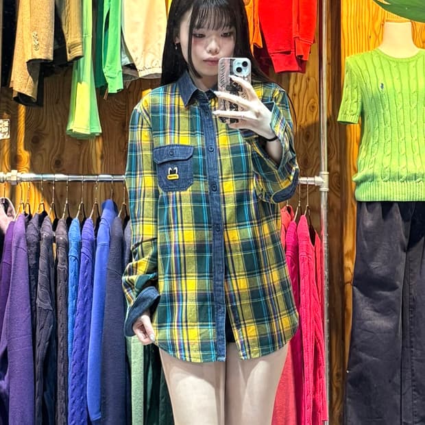 M 팬콧 애니멀 옐로우 데님 믹스 체크셔츠