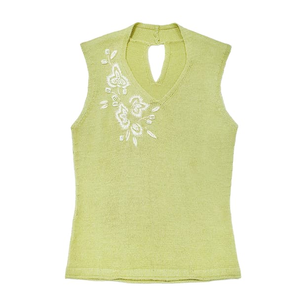 자수 홀터 슬리브리스 울 니트 탑