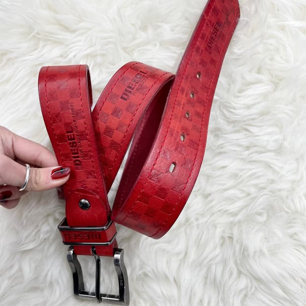 디젤 리얼레더 레드 체크 로고 버클 벨트