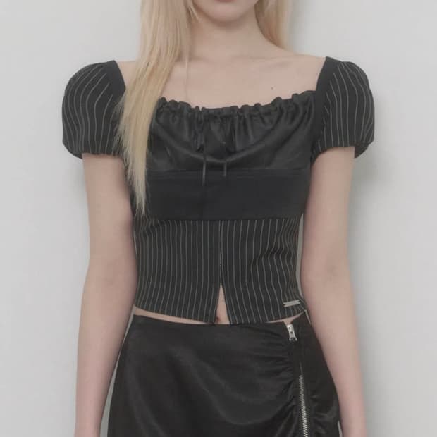에트오소메 Stripe Lace-up Puff Top 검정
