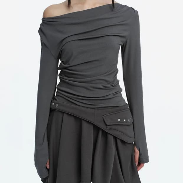 러프넥 드레이프 후드 롱슬리브 탑 + 스커트 셋업