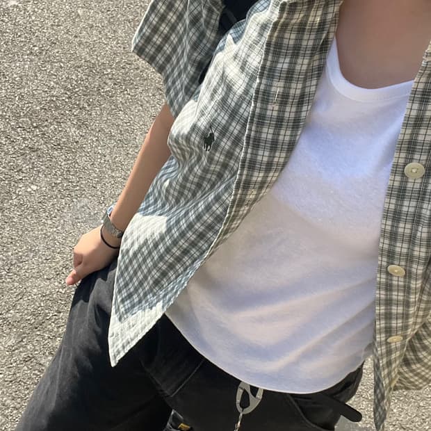 폴로 랄프 로렌 스포츠 커스텀 라운드 헴 체크 셔츠