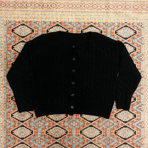 빈티지 블랙 꽈배기 노카라 버튼 가디건 여성L