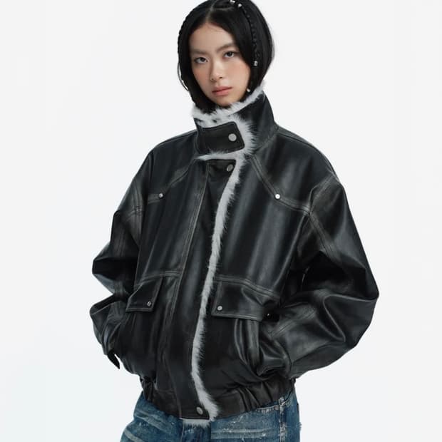 러프넥 워싱 레더 무스탕 자켓 그레이 S 사이즈