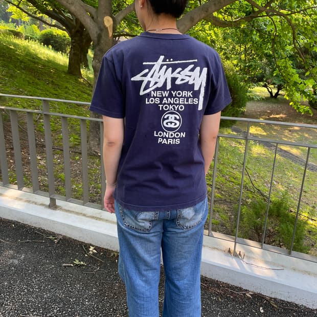 90s Stussy navy distressed T-shirt(USA)
