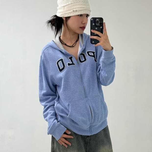 폴로 스카이블루 로고 후드집업