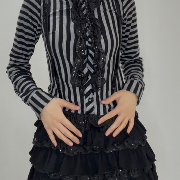 FAZBEE 갸루 로리타 스트라이프 프릴 레이어드 티셔츠