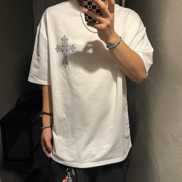 빈티지 화이트 십자가 날개 크로스 펑크 락시크 반팔 티셔츠 L-XL