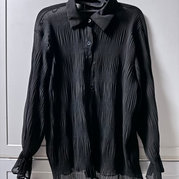 블랙 플리츠 시스루 블라우스 셔츠
