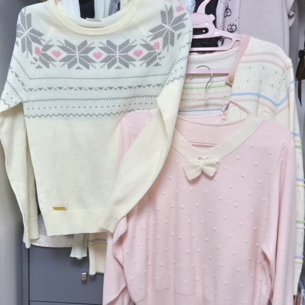 (4벌 일괄가)리본 도트 눈송이 니트 가디건 나시 라떼갸루 러블리 모리걸