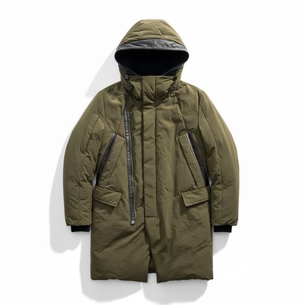 시스템옴므 다운필 레더 구스다운 롱패딩 카키 100